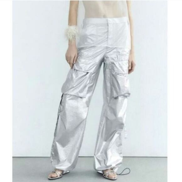 ZARA Silver Metallic High Rise Jogger Cargo Parachute Pant Size XS - Picture 1 of 13